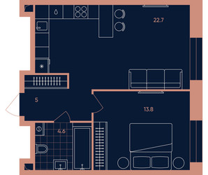 Планировка двухкомнатной(квартира) площадью 46.3 квадратных метров в ЖК “Квартал Эра”