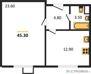 Планировка однокомнатной(квартира) площадью 45.3 квадратных метров в “ЖК ЮЖНАЯ БИТЦА”