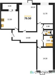Планировка трехкомнатной(квартира) площадью 79.5 квадратных метров в ЖК “ЖК 1-й Ленинградский (Первый Ленинградский)”