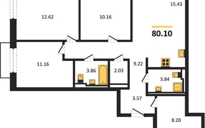 Планировка трехкомнатной(квартира) площадью 80.1 квадратных метров в ЖК “ЖК Квартал Герцена”