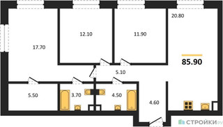 Планировка трехкомнатной(квартира) площадью 85.9 квадратных метров в “ЖК Shagal (Шагал)”