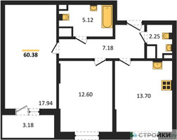 Планировка двухкомнатной(квартира) площадью 60.38 квадратных метров в “ЖК Светлый мир Станция Л”