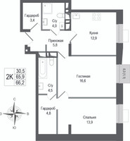 Планировка двухкомнатной(квартира) площадью 65.9 квадратных метров в “ЖК КИНОКВАРТАЛ”
