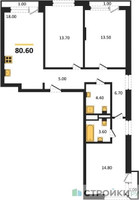 Планировка трехкомнатной(квартира) площадью 80.6 квадратных метров в “ЖК Новая Щербинка”