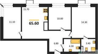 Планировка трехкомнатной(квартира) площадью 65.6 квадратных метров в “ЖК Форевиль”