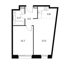 Планировка двухкомнатной(апартаменты) площадью 44.3 квадратных метров в ЖК “Апарт-комплекс Аквилон Сигнал”