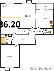 Планировка трехкомнатной(квартира) площадью 86.2 квадратных метров в ЖК “ЖК ЮЖНАЯ БИТЦА”
