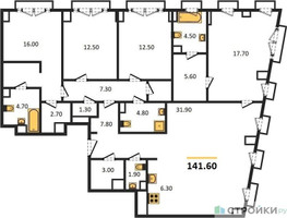 Планировка 4+ комнатной(квартира) площадью 141.6 квадратных метров в “ЖК Sydney City (Сидней Сити)”