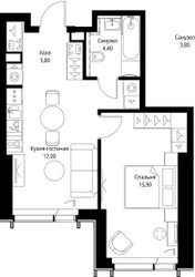 Планировка однокомнатной(квартира) площадью 44.2 квадратных метров в ЖК “ЖК Веер”
