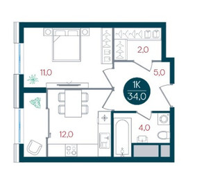 Планировка однокомнатной(квартира) площадью 34 квадратных метров в ЖК “ЖК РУСИЧ-Кантемировский”