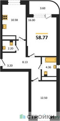 Планировка двухкомнатной(квартира) площадью 58.77 квадратных метров в ЖК “Ласточкино”