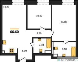 Планировка двухкомнатной(квартира) площадью 66.6 квадратных метров в “ЖК СТОУН Райз”
