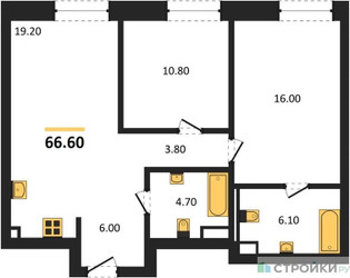 Планировка двухкомнатной(квартира) площадью 66.6 квадратных метров в ЖК “ЖК СТОУН Райз”