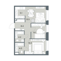 Планировка трехкомнатной(квартира) площадью 57.6 квадратных метров в “ЖК Станиславский”