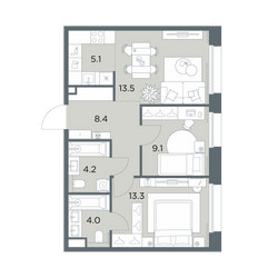 Планировка трехкомнатной(квартира) площадью 57.6 квадратных метров в ЖК “ЖК Станиславский”
