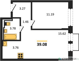 Планировка однокомнатной(квартира) площадью 39.08 квадратных метров в “ЖК Рублевский Квартал”