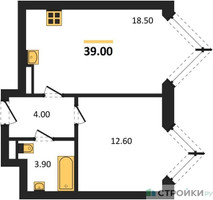 Планировка однокомнатной(квартира) площадью 39 квадратных метров в “ЖК Wave (Вейв)”
