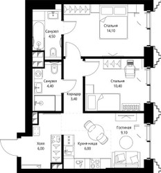 Планировка двухкомнатной(квартира) площадью 58.3 квадратных метров в ЖК “ЖК СЕТ”