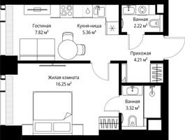 Планировка однокомнатной(квартира) площадью 39.18 квадратных метров в “ЖК Веер”