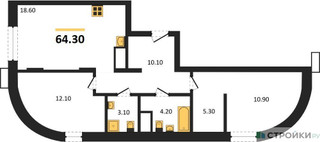 Планировка двухкомнатной(квартира) площадью 64.3 квадратных метров в “ЖК Резиденции Сколково”