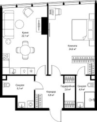 Планировка однокомнатной(квартира) площадью 66.6 квадратных метров в ЖК “ЖК ОНЕ”