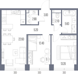 Планировка двухкомнатной(квартира) площадью 66.9 квадратных метров в ЖК “ЖК Северный порт. Береговые кварталы”