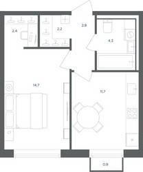 Планировка однокомнатной(квартира) площадью 38.4 квадратных метров в ЖК “ЖК Равновесие”