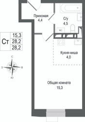 Планировка студии(квартира) площадью 28.2 квадратных метров в “ЖК КИНОКВАРТАЛ”