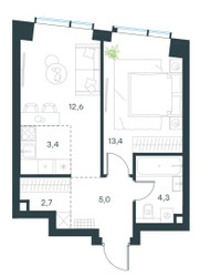 Планировка двухкомнатной(квартира) площадью 42.6 квадратных метров в ЖК “ЖК Павелецкая Сити”