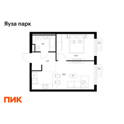 Планировка однокомнатной(квартира) площадью 36 квадратных метров в ЖК “ЖК Яуза Парк (Мытищи)”