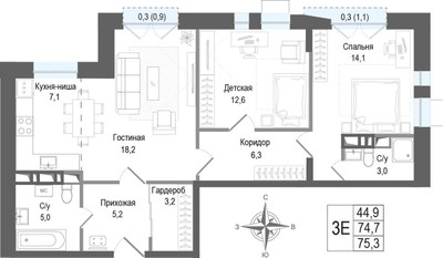 Планировка трехкомнатной(квартира) площадью 74.8 квадратных метров в ЖК “ЖК КИНОКВАРТАЛ”