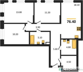 Планировка трехкомнатной(квартира) площадью 76.4 квадратных метров в ЖК “ЖК Первый Московский”
