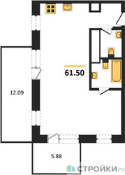 Планировка однокомнатной(апартаменты) площадью 61.5 квадратных метров в ЖК “ЖК ФизтехСити”