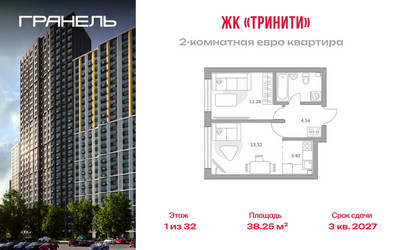 Планировка двухкомнатной(квартира) площадью 38.25 квадратных метров в ЖК “ЖК Тринити”