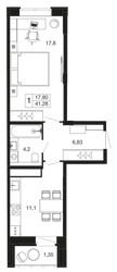 Планировка однокомнатной(квартира) площадью 41.28 квадратных метров в ЖК “ЖК Времена года”