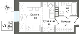 Планировка студии(квартира) площадью 26 квадратных метров в “ЖК КИНОКВАРТАЛ”