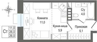 Планировка студии(квартира) площадью 26 квадратных метров в ЖК “ЖК КИНОКВАРТАЛ”