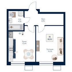 Планировка однокомнатной(квартира) площадью 38.03 квадратных метров в ЖК “ЖК Бархат”