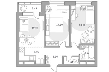 Планировка трехкомнатной(квартира) площадью 56.45 квадратных метров в ЖК “ЖК Ильинойс”