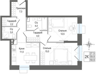 Планировка двухкомнатной(квартира) площадью 59.9 квадратных метров в ЖК “ЖК КИНОКВАРТАЛ”