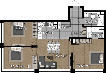 Планировка трехкомнатной(квартира) площадью 81.3 квадратных метров в ЖК “ЖК Квартал Серебряный бор”