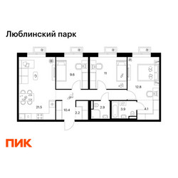 Планировка трехкомнатной(квартира) площадью 78.4 квадратных метров в ЖК “ЖК Люблинский парк”