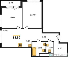 Планировка двухкомнатной(квартира) площадью 58.3 квадратных метров в “ЖК Южные сады”