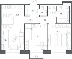 Планировка трехкомнатной(квартира) площадью 58 квадратных метров в “ЖК Равновесие”