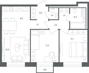 Планировка трехкомнатной(квартира) площадью 58 квадратных метров в ЖК “ЖК Равновесие”