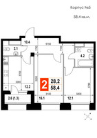 Планировка двухкомнатной(квартира) площадью 58.4 квадратных метров в “ЖК Мытищи Сити”