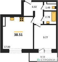 Планировка однокомнатной(квартира) площадью 38.51 квадратных метров в “Зеленый Оазис - Город”