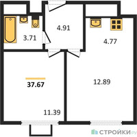 Планировка однокомнатной(квартира) площадью 37.5 квадратных метров в “ЖК Одинград. Квартал Семейный”