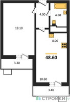 Планировка однокомнатной(квартира) площадью 48.6 квадратных метров в “ЖК Пироговская Ривьера”
