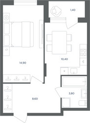 Планировка однокомнатной(квартира) площадью 37.7 квадратных метров в ЖК “ЖК Равновесие”
